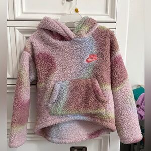 Nike Kids Pink Sherpa Hoodie with Pastel Tie-Dye Accents